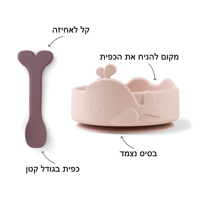 דרא | קערת סיליקון וכפית לתינוקות ולילדים |תרשים של קערת סיליקון נצמדת וכפית  